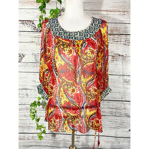 Nine West Blouse Tunic size Medium Blue Spice Gold Sheer Paisley Tassels Boho